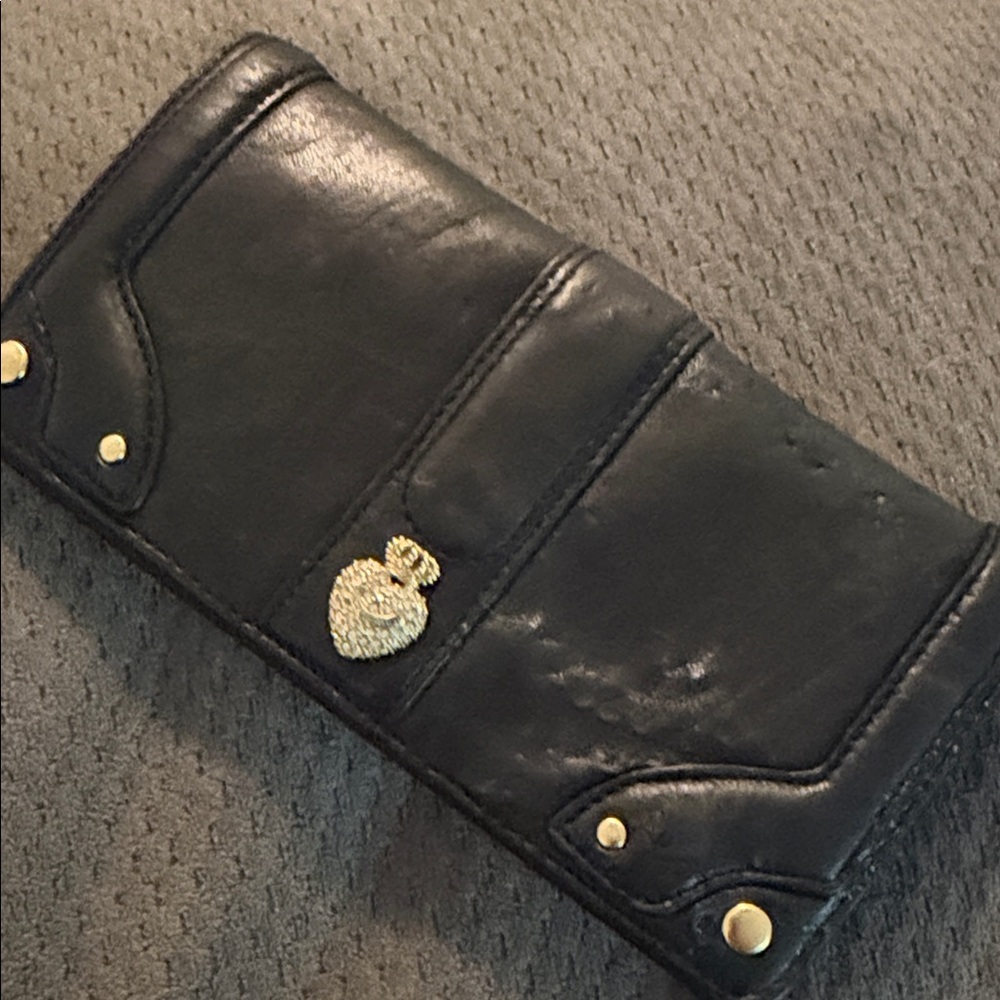 Black Leather Long Wallet with Gold Heart Accent